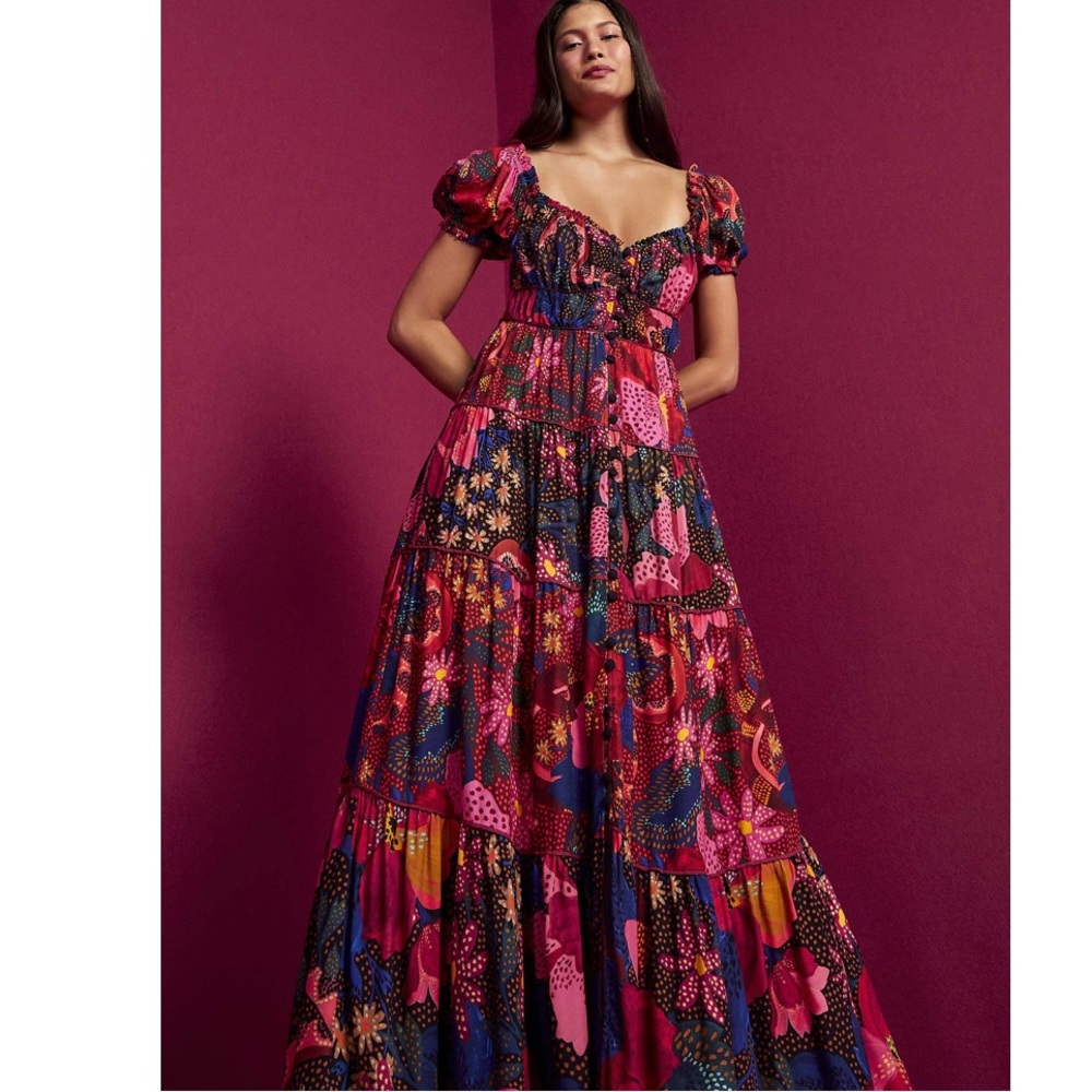 FARM Rio Mixed Garden Snake Tiered Maxi Dress